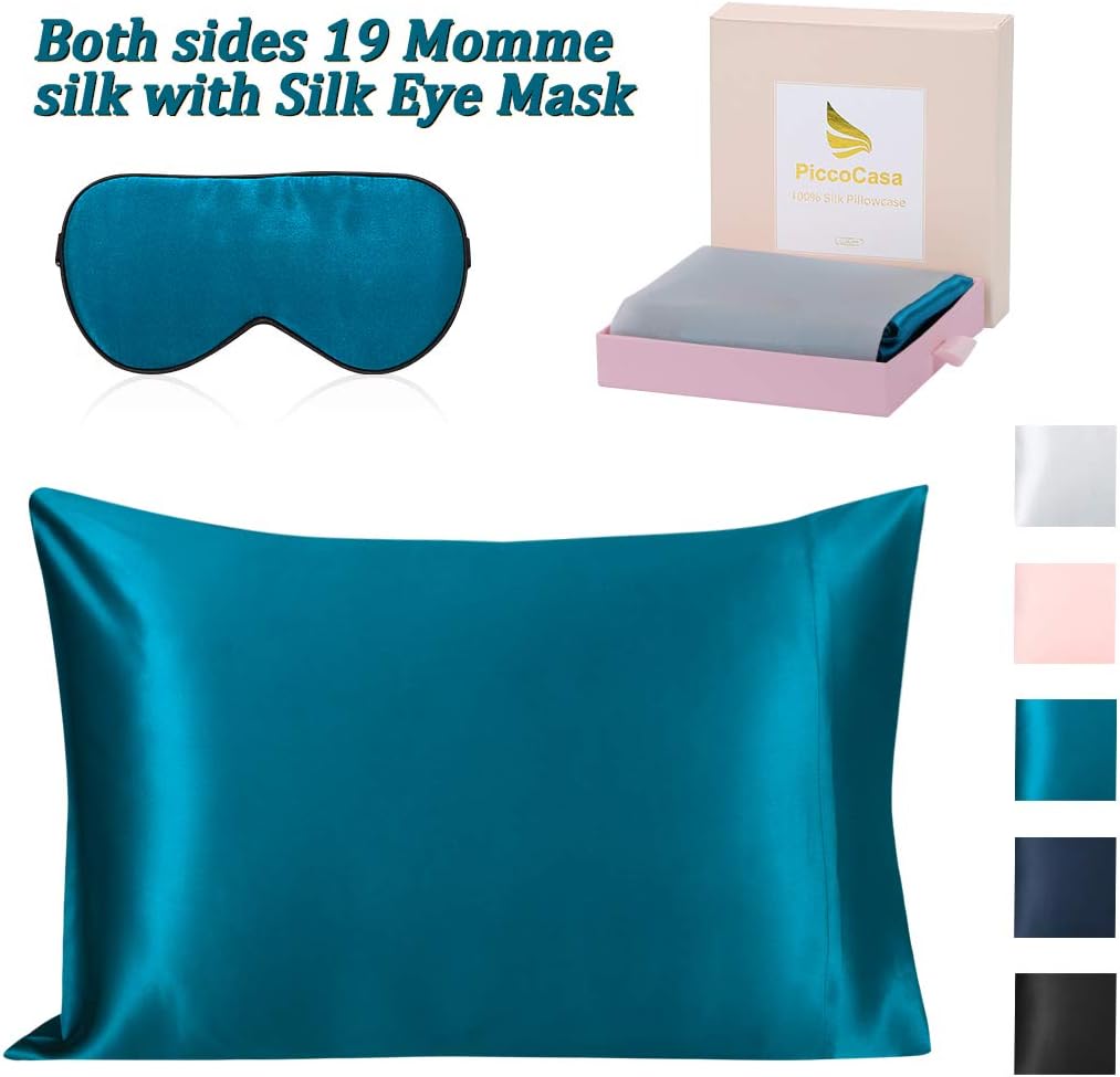 PiccoCasa 2 Piece Silk Pillowcase Gift Set 1 Pcs 100% Pure Mulberry Soft Silk Pillowcase with Envelope Closure for Hair and Skin and Silk Eye Cover in Gift Box Peacock Blue Standard