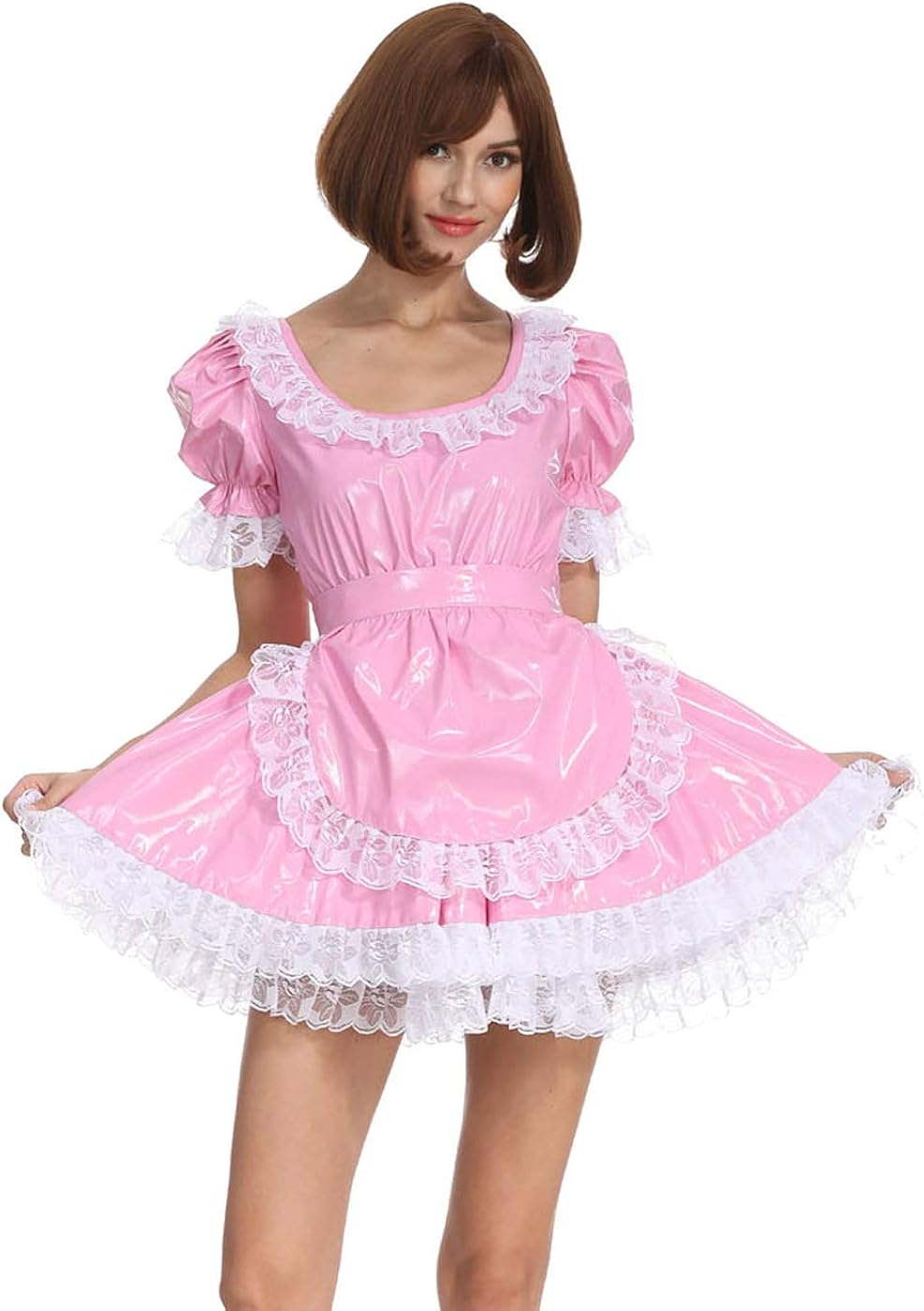 GOceBaby Frauen Sissy Dienstmädchen Rundhals Spitze Rosa PVC Kleid Crossdress Puff Ball Ärmel