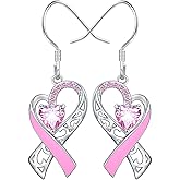 Breast Cancer Awareness Earrings For Women, Pink Ribbon Heart Dangle Drop Earrings Breast Cancer Survivor Gift Support Christmas Thanksgiving Holiday Jewelry
