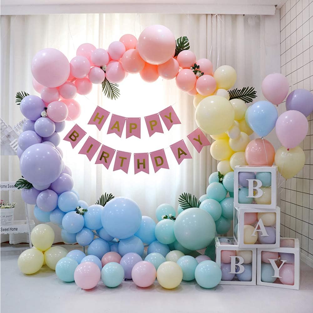 ATFUNSHOP Pastel Balloons Arch Kit - 5M 200PCS Macaron Latex Balloon Garland with Green Palm Leaves & Happy Birthday Banner for Birthday Baby Shower Wedding Decoration