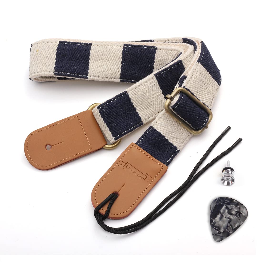 Longteam Simple Linen Leather Ukulele Strap Adjustable Length Durable Uke Straps with Nail, Rope, Picks, Black Stripe, 1