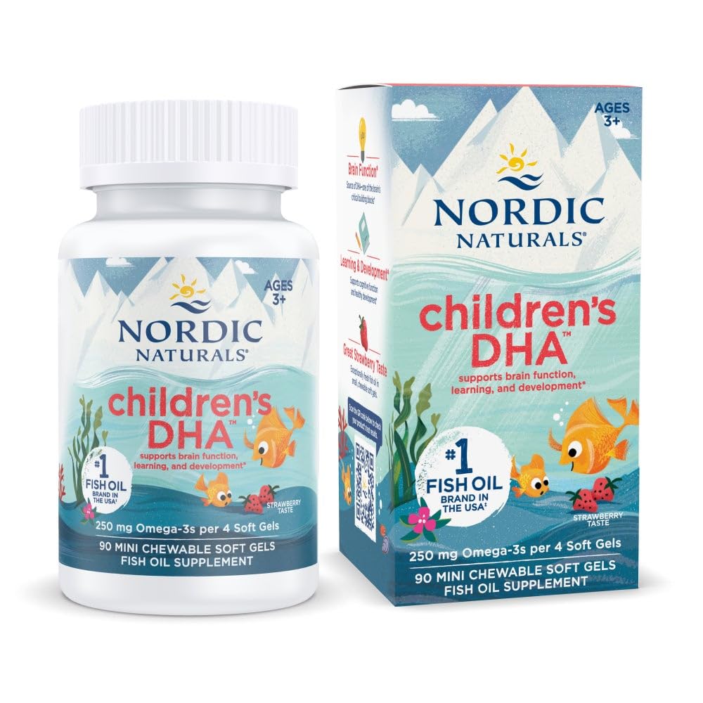 Nordic Naturals Children’s DHA, Strawberry - 90 Mini Chewable Soft Gels for Kids - 250 mg Omega-3 with EPA & DHA - Brain Development & Function - Non-GMO - 22 Servings