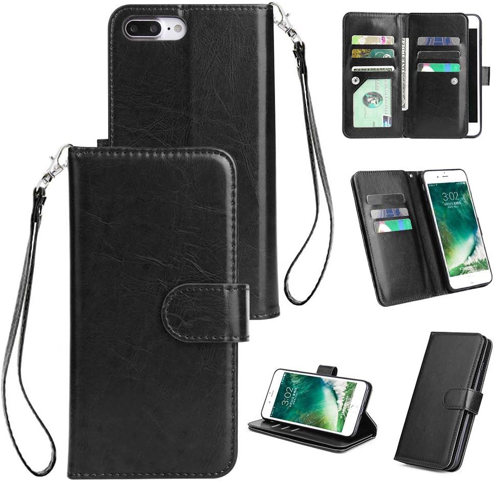 Leather Case for iPhone 8 Plus, iPhone 8 Plus Phone Case, 9 Card Holders Magnetic Closure PU Leather Flip Wallet for Girls Grey Folio Cover with ID Slot Cash Pocket Purse Stand Function