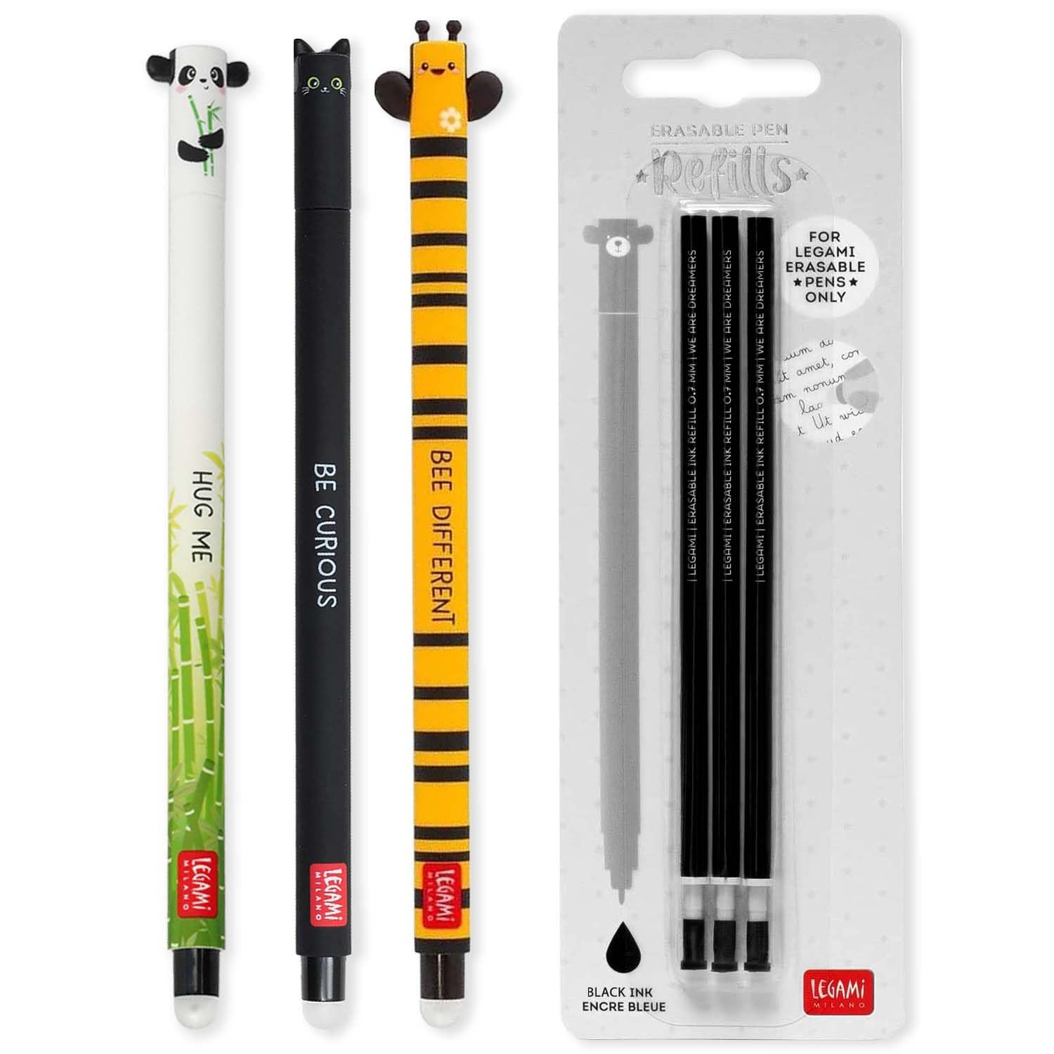 LEGAMI - Set of 3 Erasable Gel Pens + 3 Black Refills, with Thermosensitive Erase Ink, Range of ink colours & barrel designs, 0.7mm Tip, Panda, Cat, & Bee Design