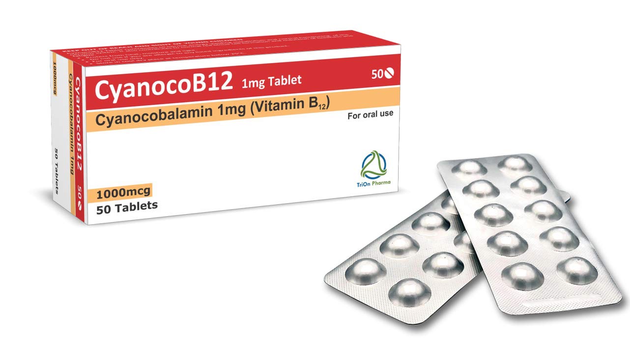 Vitamin B12 Cyanocobalamin High Strength 1000 mcg (1mg) Tablets, CyanocoB12 Vegan 50 Tablets. Reduction of Tiredness & Fatigue. (Pack of 50 Tablets)