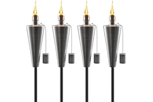 Matney Stainless Steel Tiki Torches for Outside - Outdoor Torches - Patio Garden & Yard Lights - 5 ft Oil Lamp for Citronella - Fiberglass Wick & Snuffer Cap - Set of 4 (Cone)
