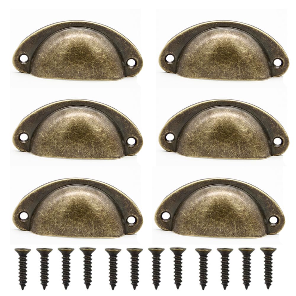 WUJENPEAHT 6 Pcs Antique Brass Cabinet Handles Vintage Kitchen Cupboard Handles Shell Cup Handles for Cupboard Cabinet Home Office Kitchen