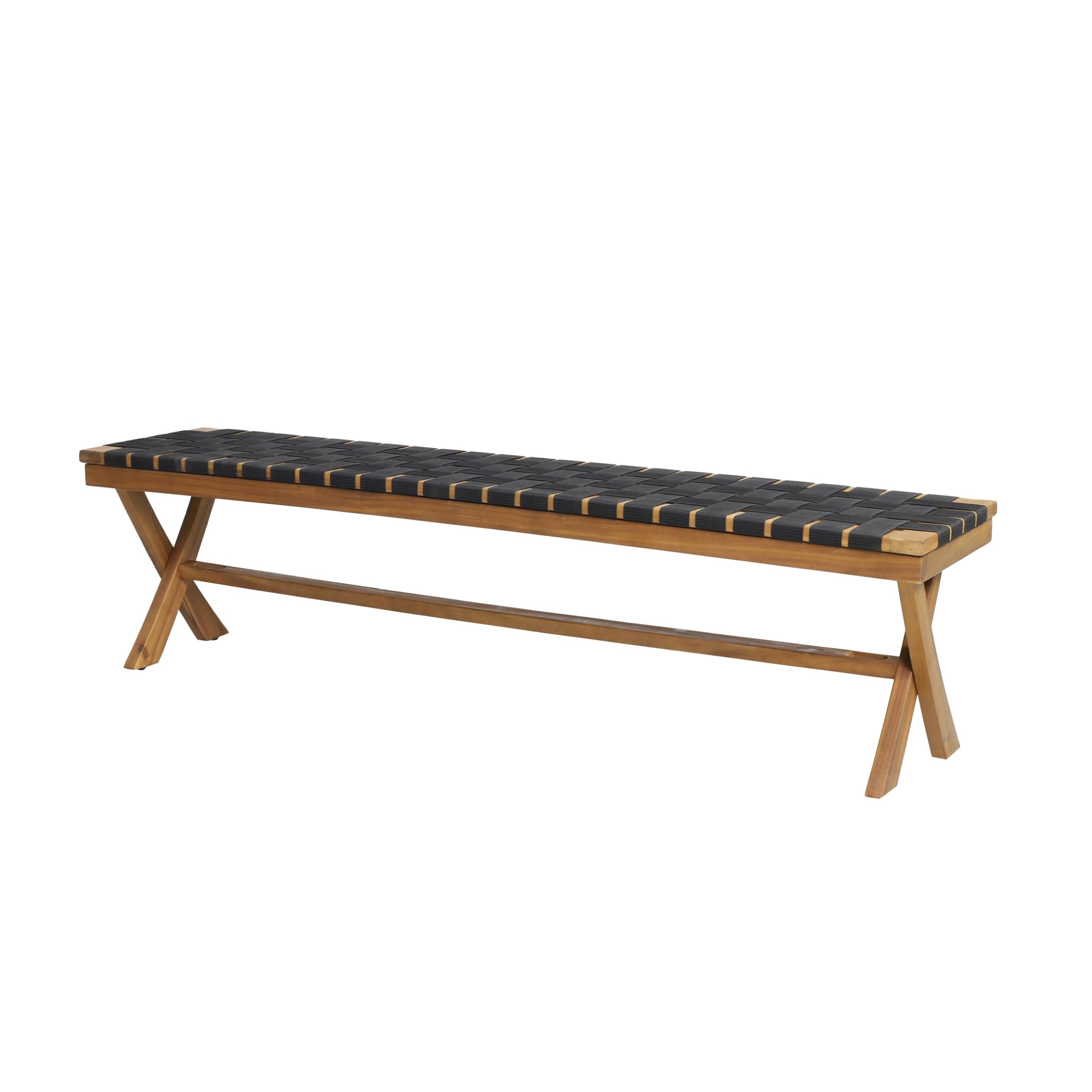 Photo 1 of Christopher Knight Home Jeffery Outdoor Acacia Wood Bench with Rope Seating, Black and Teak 61x13.75x16.25 inches