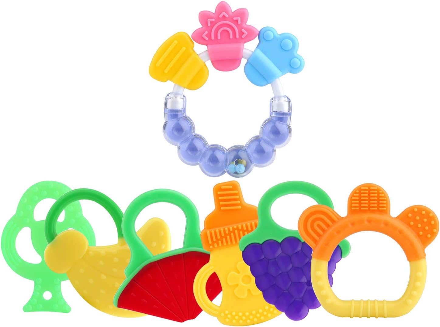Baby Teething Toys,Gel Teether Keys, Fruit Baby teether for 3-12 Months Infant,Teether Holder, Best for Sore Gums Pain Relief, BPA Free & Freezer Safe-7 Pack