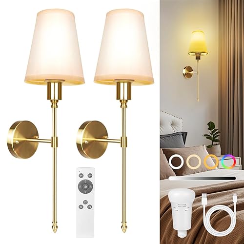 Battery Operated Wall Sconces Set of 2, 10000mAh Rechargeable Gold Wireless Wall Lamps with Remote Control, 15 Color Dimmable Detachable Bulbs, Cordless Wall Lights for Bedroom Living Room Hallway
