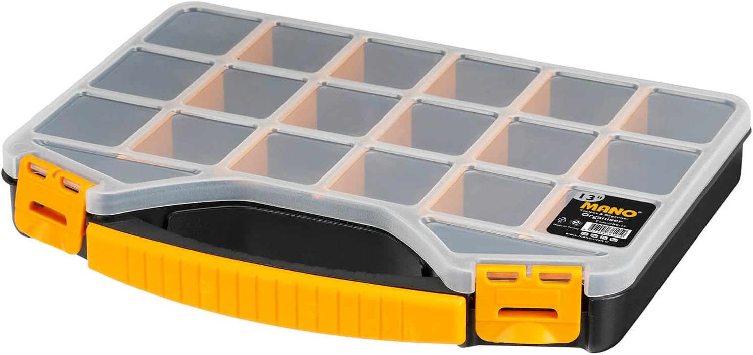 Mano 13" Plastic Organiser Storage Box with 20 Adjustable Compartments, 'Black, Yellow'