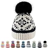 Women's Winter Beanie Hat -Cashmere Inner Layer Chunky Knit Pom-Pom Stocking Cap for Women Cold Weather