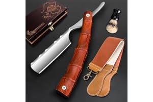 SNBNX Professional Straight Blade Razor Kit with Strop - Straight Edge Barber Razor Stainless Steel Sharp Shaver Razor for Men Home & Salon Grooming Using (Brown)