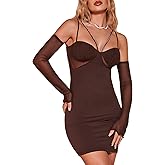 WDIRARA Women's Cold Shoulder Mesh Long Sleeve Sexy Rhinestone Party Bodycon Mini Cami Dress