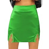 LYANER Women's Satin Silky Lace Trim Split Slit Hem Zipper High Wasit Mini Short Skirt