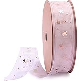 Holijolly Pink Star Sheer Ribbon - Snow Yarn Ribbon for Mother's Day, Birthday - 3/4 inch x10 Yard