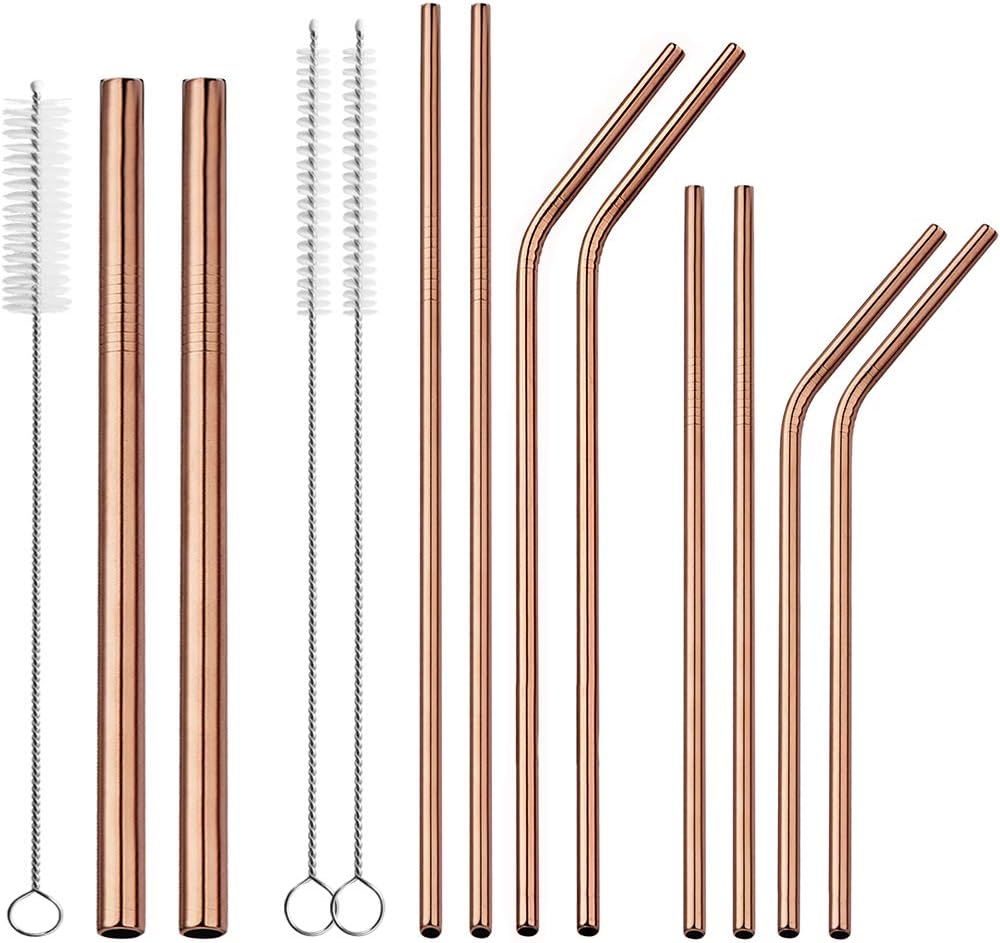 JOYECO 10 Pcs Metal Reusable Straws Stainless Steel Drinking Sucker Full Variety, Multi Size with Carry Bag Brushes for 20 30oz Tumblers, Boba, Smoothies, Rose Copper