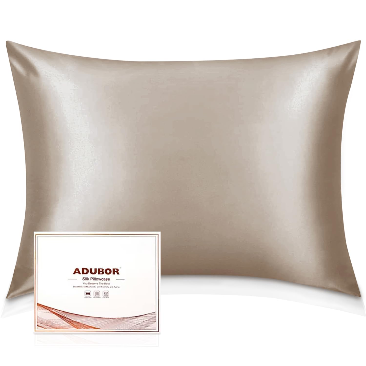 Adubor Silk Pillowcase for Hair and Skin with Hidden Zipper, Both Side 22 Momme Silk,900 Thread Count (50x75CM, Taupe, 1pc) — image 1