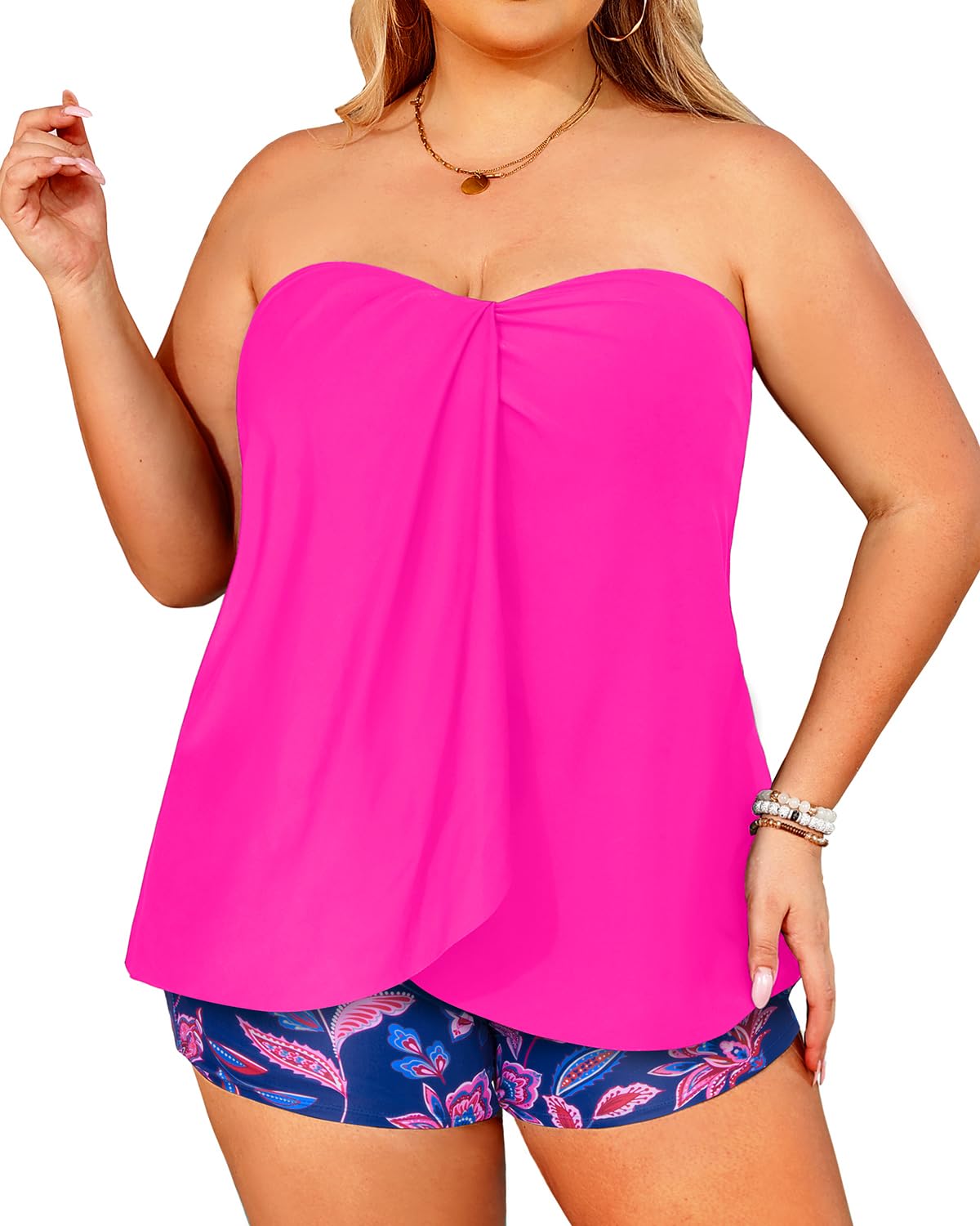 Photo 1 of Daci Plus Size Bandeau Tankini Swimsuit for Women Two Piece Halter Swim Top with Shorts Flyaway Tummy Control Bathing Suits Pink Paisley 20 Plus