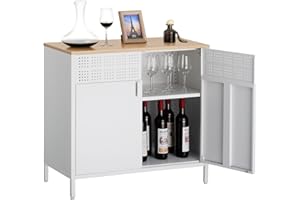 HOMSTEEL Buffet Sideboard, Metal Storage Cabinet, 2-Tier Cabinet for Kitchen, Living Room, Entryway, Bar, Natural and White