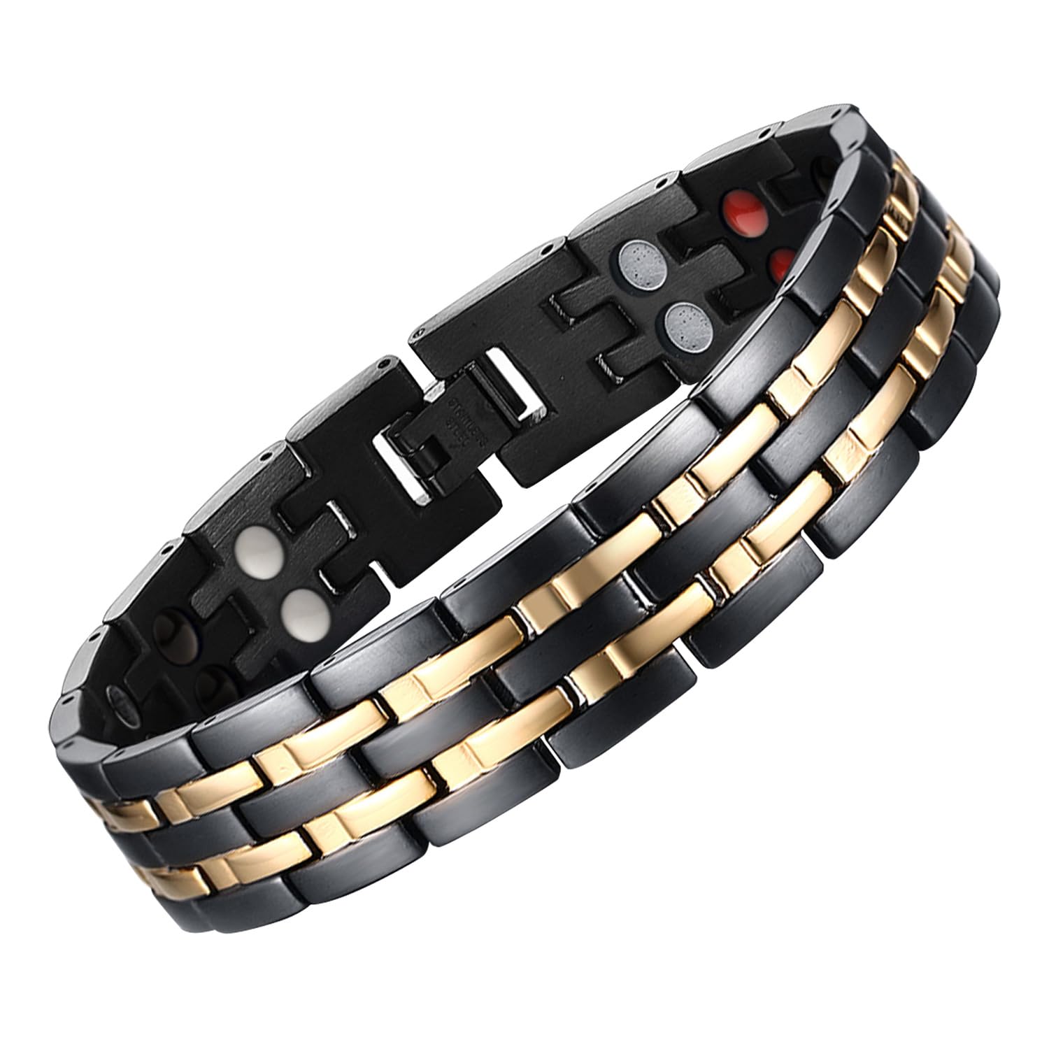 JFUME Magnetic Bracelets for Men 18k Gold Plating and PVD Black Stainless Steel with Link Removal Tool 8.5" Adjustable