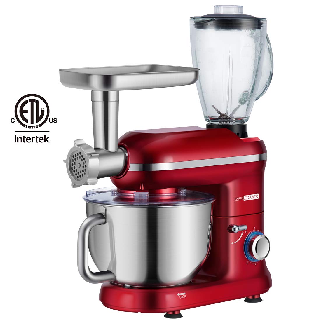 VIVOHOME Electric 650W Multi-functional 6-Speed Tilt-Head Stand Mixer Meat Grinder Juice Blender with 6 Quart Stainless Steel Bowl Red ETL Listed
