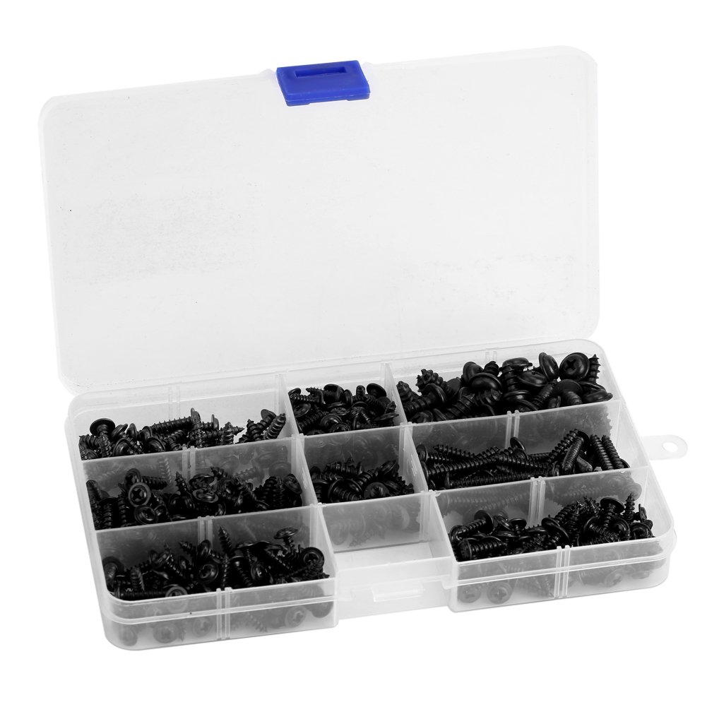 340 Piece Black Assorted Self Tapping Screws Kit with Flange Head and Cross Recessed Pan Head in Storage Case