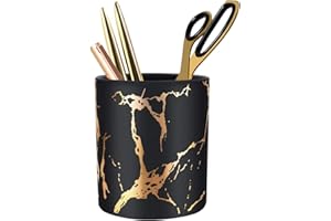 Pen Holder for Girls, WAVEYU Stand for Desk Marble Pattern Pencil Cup for Kids Ceramic Desk Organizer Makeup Brush Holder for Daily Use in Office, Classroom, Home, Black-Golden Marble