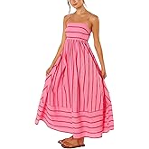 SOMTHRON Women's Striped Maxi Dress Spaghetti Strap Smocked Cut Out Flowy A-Line Boho Beach Long Dress