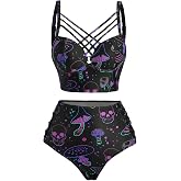 DRESSFO Womens Gothic Retro Skull Rose Mushroom Bikini Set | Gothic skull,rose flower,mushroom print, Beach Bikini,Vintage bikini, Retro Tankini,High Waisted Tummy Control Bathing Suit
