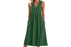Frostluinai Linen Maxi Dresses for Women Casual V-Neck Long Dress Sleeveless Vacation Sundress with Pockets