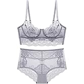 Guoeappa Women's Floral Soft Lace Lingerie Set See Through High Waisted Underwear Underwire Sheer Bra and Panty Set