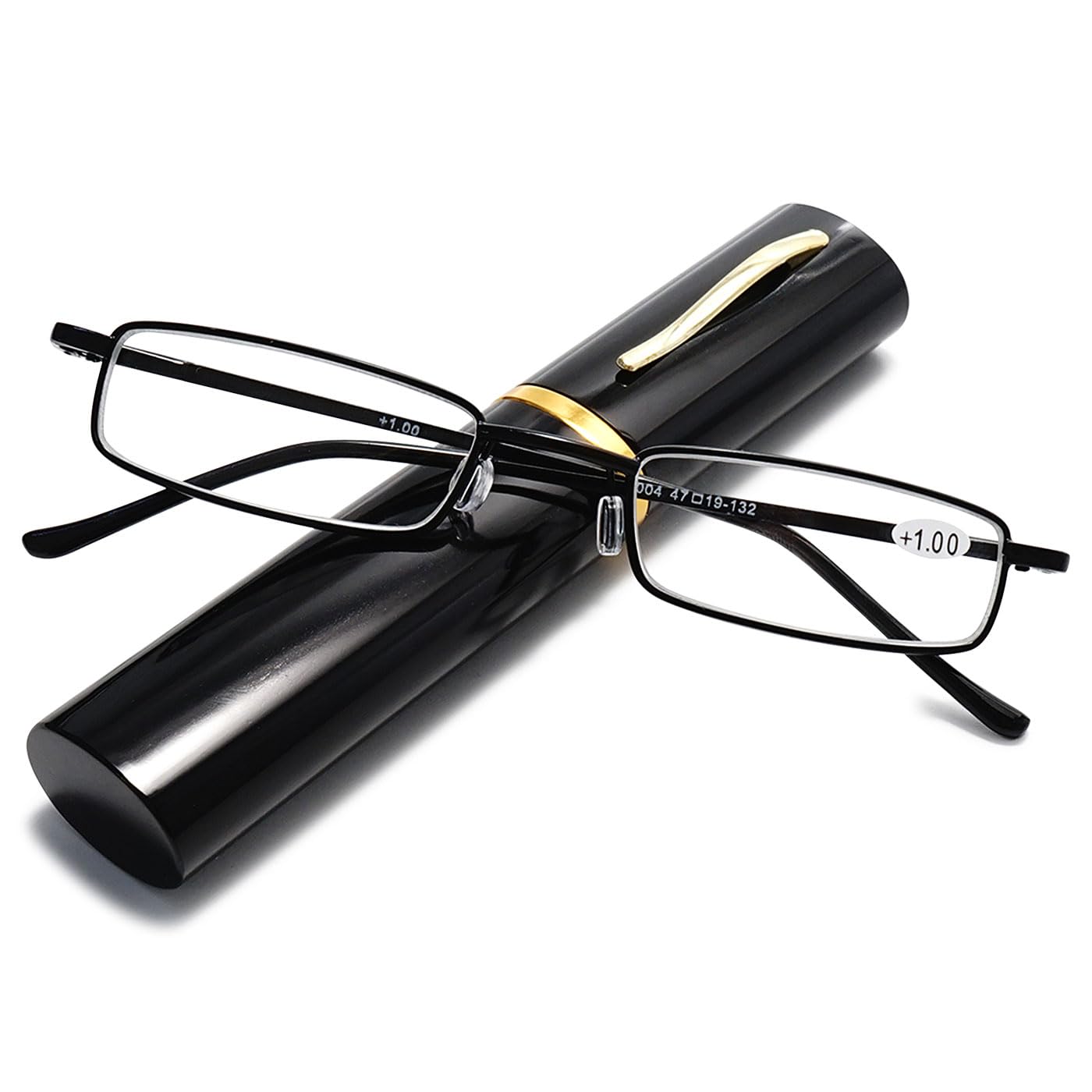 ABETOS Slim Pen Reading Glasses Blue Light Blocking Metal Readers In Tube Case Superlight Spring Hinge Pocket Portable Eyewear Thin Travel Eyeglasses 1.0+ 1.5+ 2.0+ 2.5+ 3.0+, Black+1.5