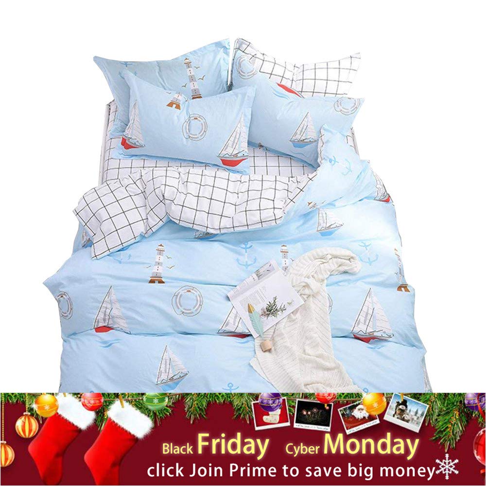 OTOB Children Cartoon Sailboat Bedding Set Cotton, 3 Piece Twin Kids Duvet Cover with Zipper Ties 1 Comforter Cover 2 Shams for Boys Girls Toddler, Home Textile Bed Set White Blue, Twin