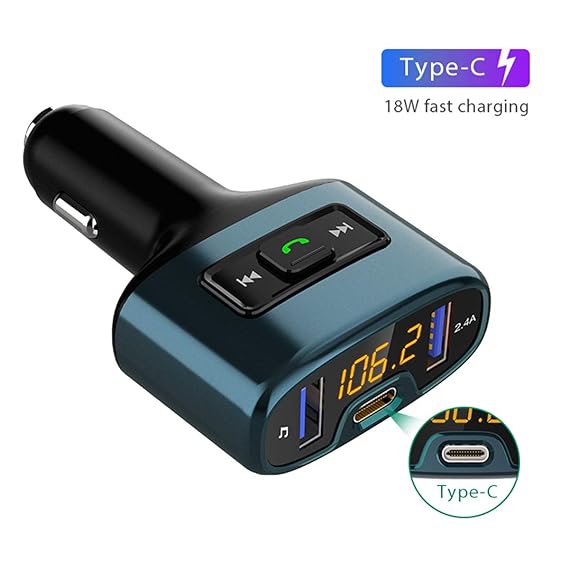 Konrisa Bluetooth FM Transmitter Freisprechanlage mit Typ C 18 W PD Schnellladegerät 2 USB Port Auto Transmitter FM Modulator