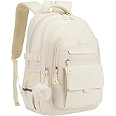 VANKANY Cute Teen Girls Backpack, Big Student School Backpack Laptop Bookbag for College Women Aesthetic Middle High School Bag, Mochilas Escolares, Beige