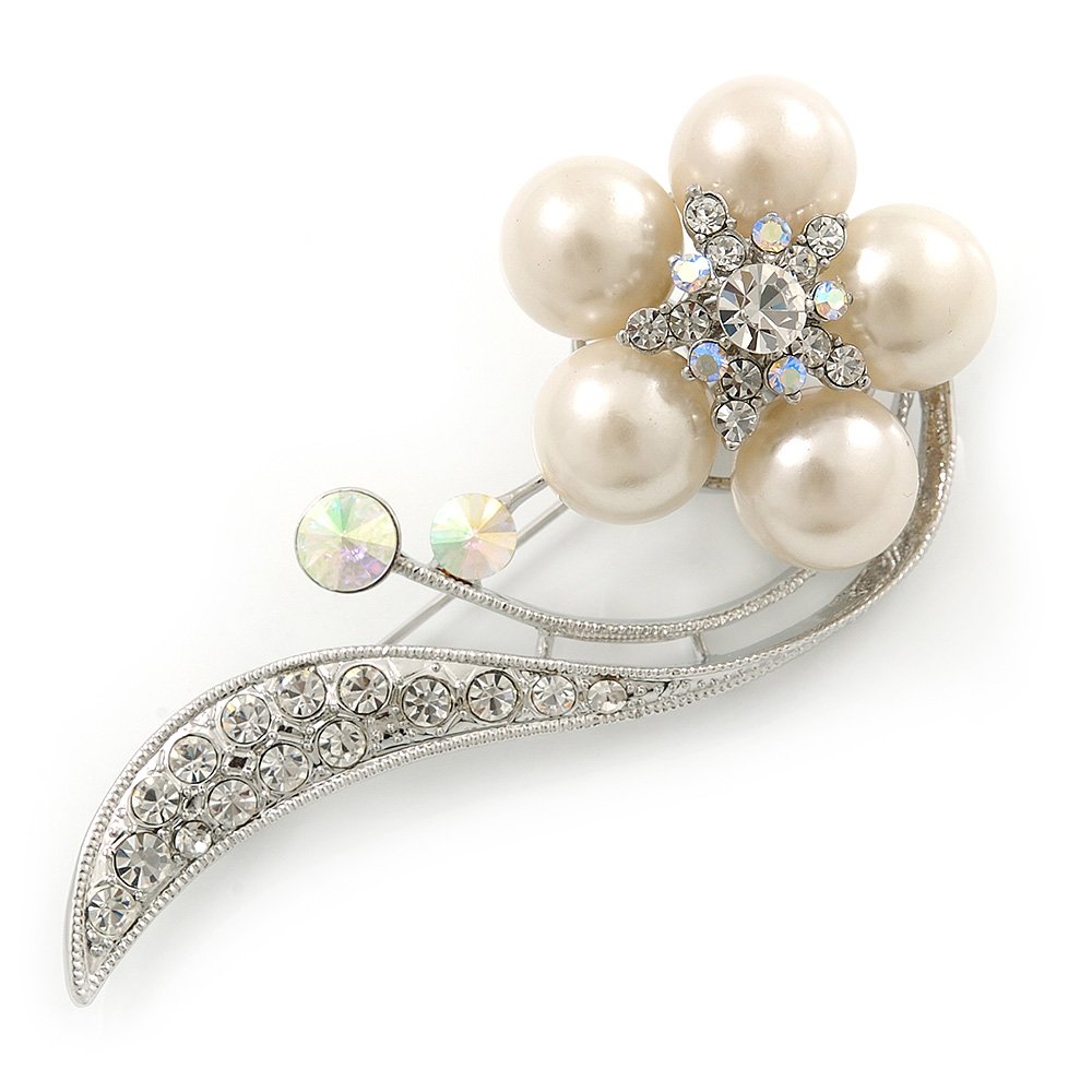 Oversized Stunning Flower Imitation Pearl Crystal Pin Brooch (Silver&Snow White)