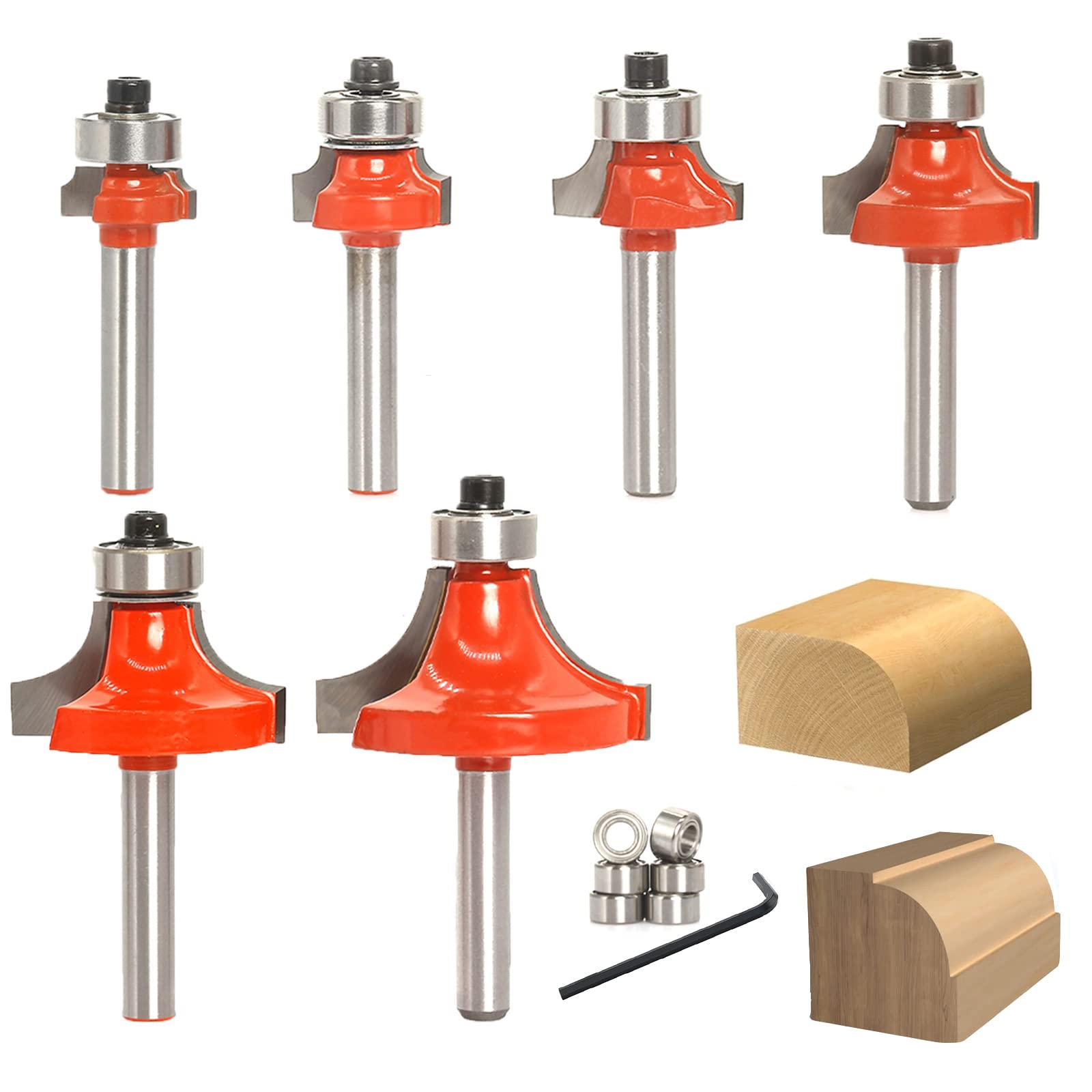 Sinoprotools Roundover&Beading Router Bits,6Bits Edge Forming Router Bit Set,Corner Rounding Router Bits 1/4 Inch Shank with 6pcs Beading Bearings, Radius - 1/16" 1/8" 3/16" 1/4" 3/8" 1/2" — image 1