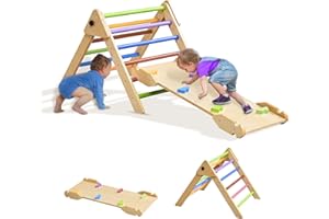 MOOITZ Pikler Triangle Set, Climbing Toys for Toddlers 1-3, Foldable Montessori Climbing Set with Ramp, Slide & Arch, Wooden Toddler Climbing Toys Indoor (Iridescence, M)
