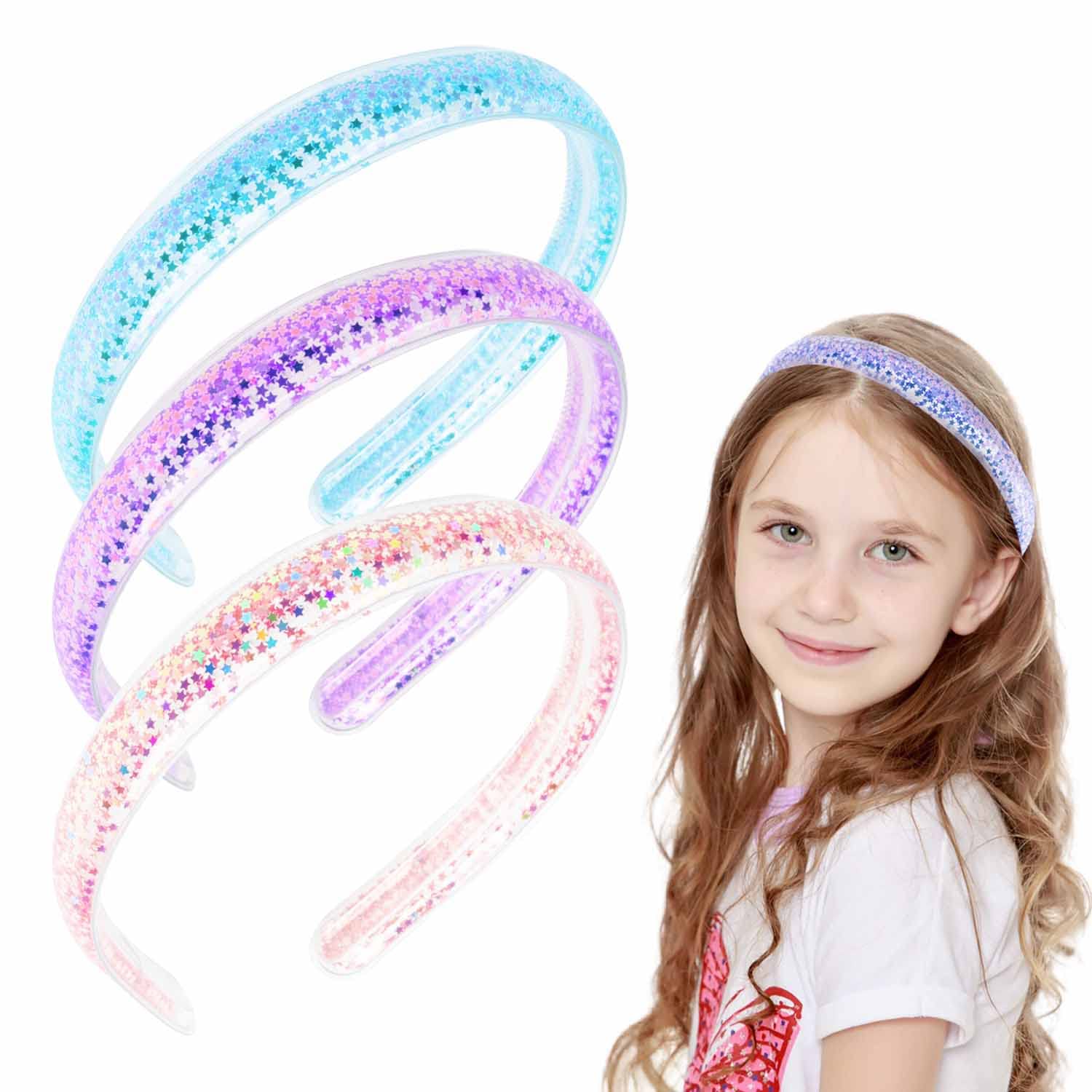 3 PCS Sparkly Headbands for Girls, Sparkly Confetti Headband with Teeth for Kids, Cute Rainbow Pink Purple Blue Hard Head Bands, Little Girl Hair Accessories（Blue Color Purple）