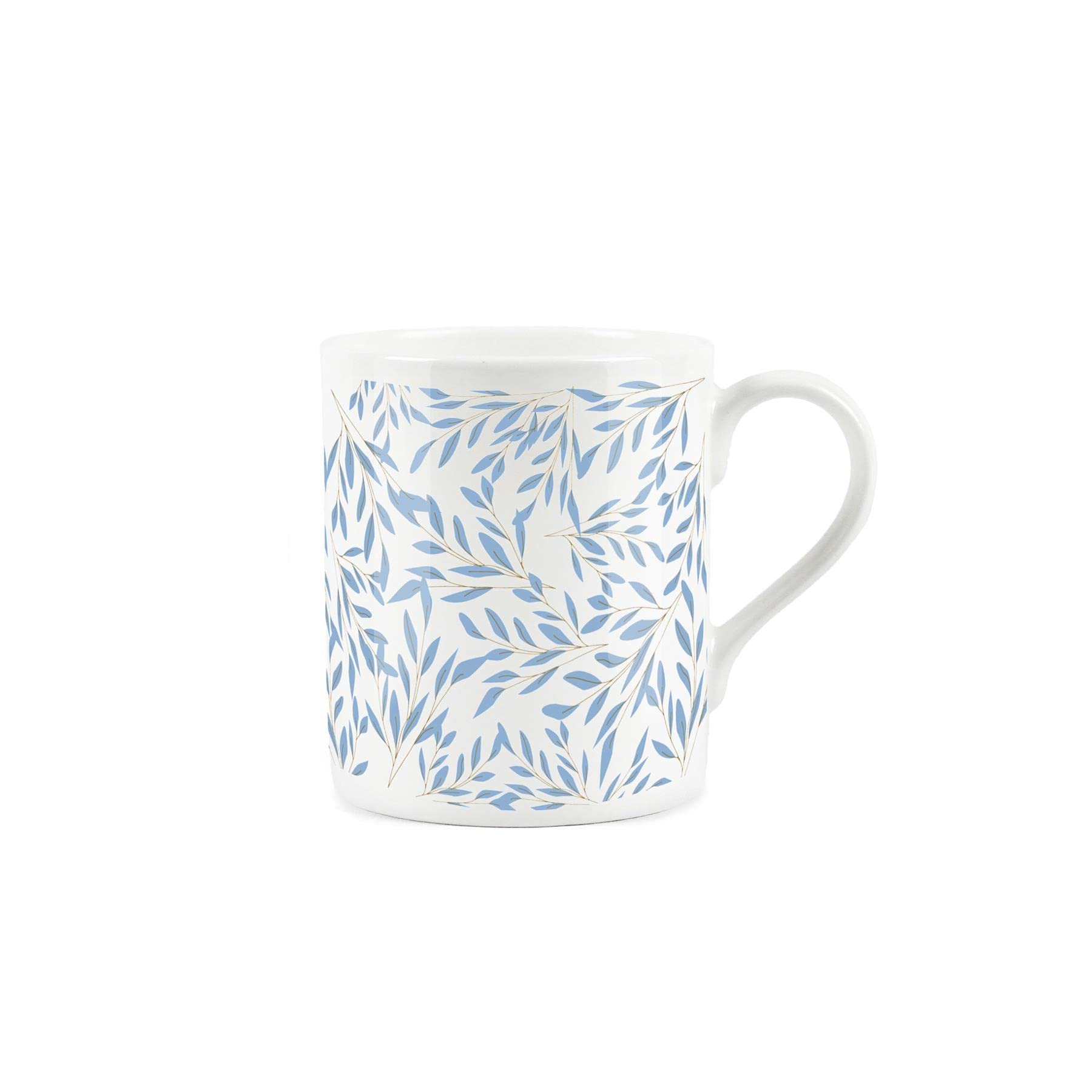 Purely Home Blue Leaves and Foliage Fern Design - Fine Bone China Mug White Coffee/Tea Present Gift
