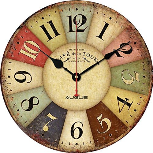 Round Wall Clock, Augue Round Wood Wall Clock Colorful France Paris Country Tuscan Style Roman Numeral Retro Quartz Movement Kitchen Home MDF Clock, 12-inches