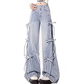 kakarin choyx Fashion Casual Straight High Waisted Baggy Jeans Y2K Gradual Patchwork Multiple Drawstring Wide Denim Pants