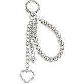 Punk Beaded Chain Pendant Heart Keychain Wristlet Purse Charms Y2K Hollow Hearts Silver Bag Charms For Handbags Aesthetic Love Tassel Chains Phone Charm Key Chains Women Cute Keychain Accessories