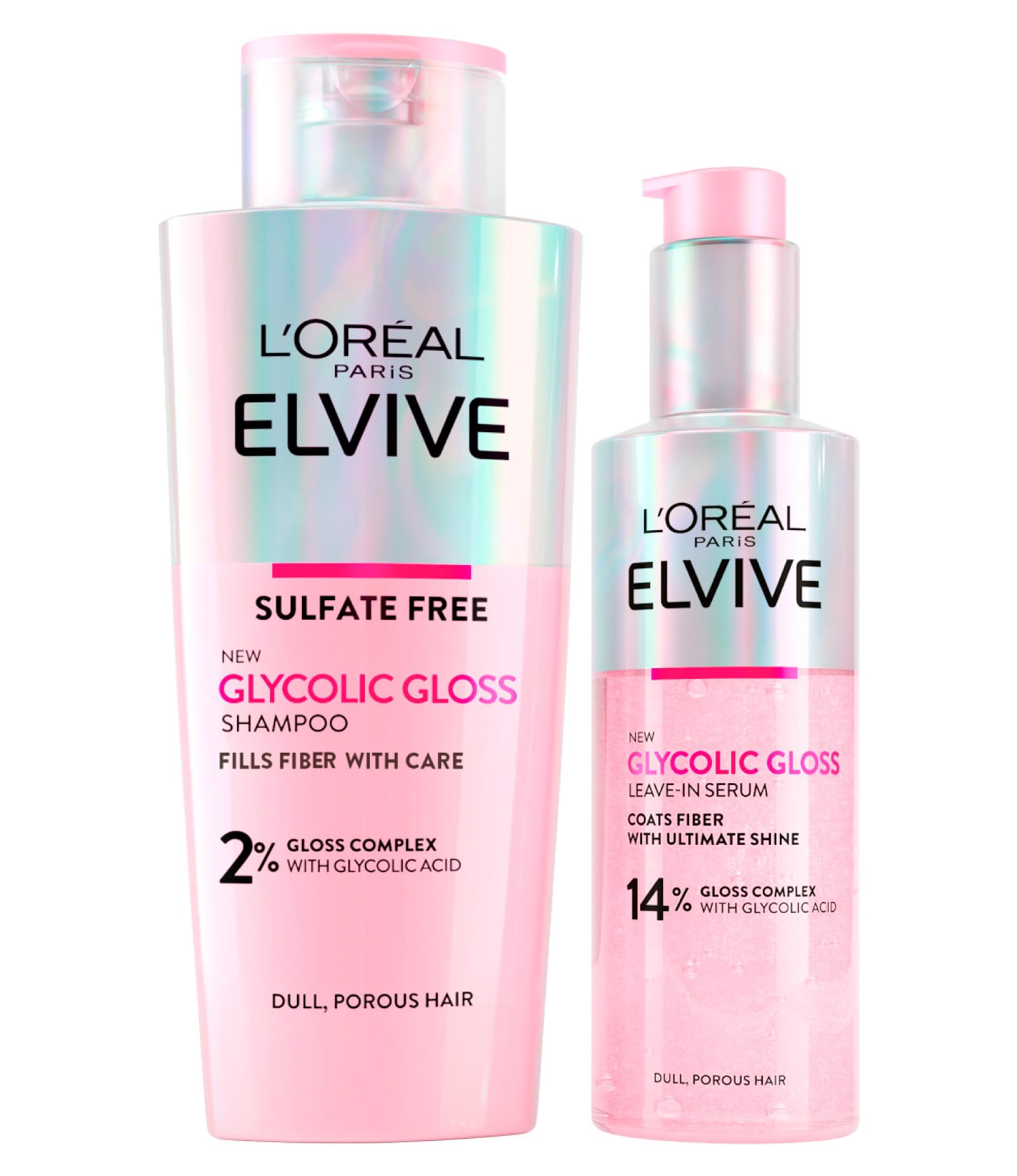 L'Oréal Paris Elvive Glycolic Gloss Glycolic Acid Shampoo 200ml + Leave-In Serum for Porous and Dull Hair Intense and Long-Lasting Shine 150ml - 2 Bottles