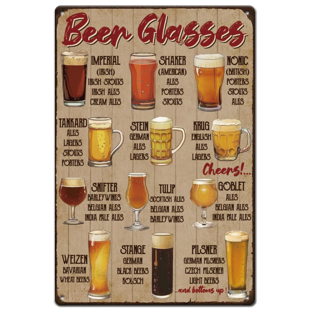 SUPERDANT Beer Types Metal Signs Beer Glasses Tin Signs Drinking Wall Plaques Bar Wall Art Poster Funny Sign and Plaque Metal Sign for Bar Pub Playroom Man Cave Vintage Decor