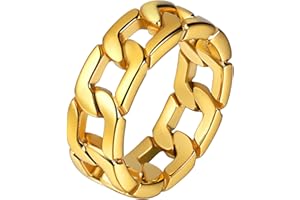 U7 Mens Women Stainless Steel 7mm Wide Band Ring, Hip Hop Thumb Rings Fashion Cuban Link Chain Rings, Size #6-#14 -Color Silver,Black,Gold