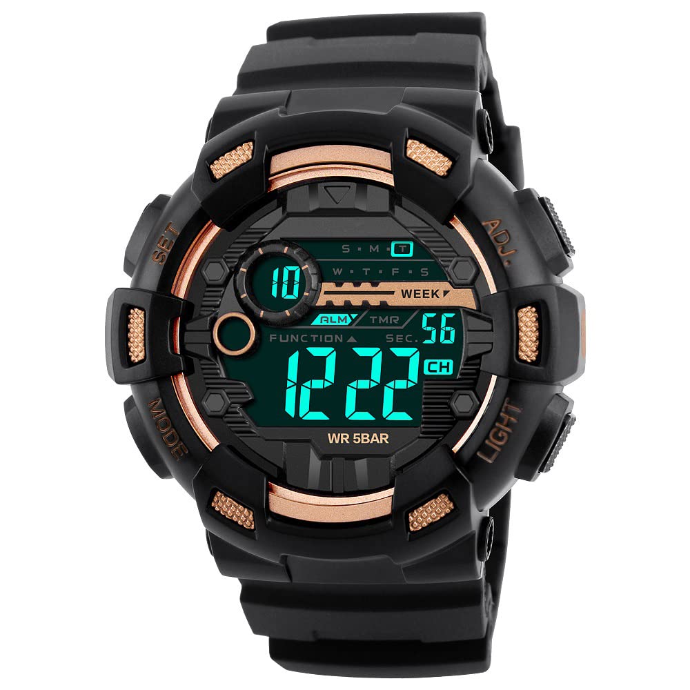 FeiWen Multifunction Waterproof Watch for Men LED Digital Display Outdoor Military Sports Style Large Dial Simple Plastic Watches with Rubber Strap