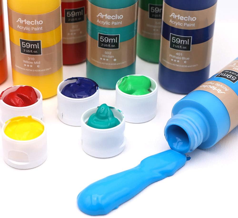 Artecho Acrylic Paint Acrylic Paint Set for Art, 24 Colors 2 Ounce/59ml Basic Acrylic Paint Supplies for Wood, Fabric, Crafts, Canvas, Leather&Stone