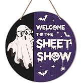 Halloween Ghost Decor Door Sign Welcome to The Sheet Show Wood Hanging Sign | Halloween Wreath Cute Ghost Decor for Front Door Porch Wall Home Office Decorations